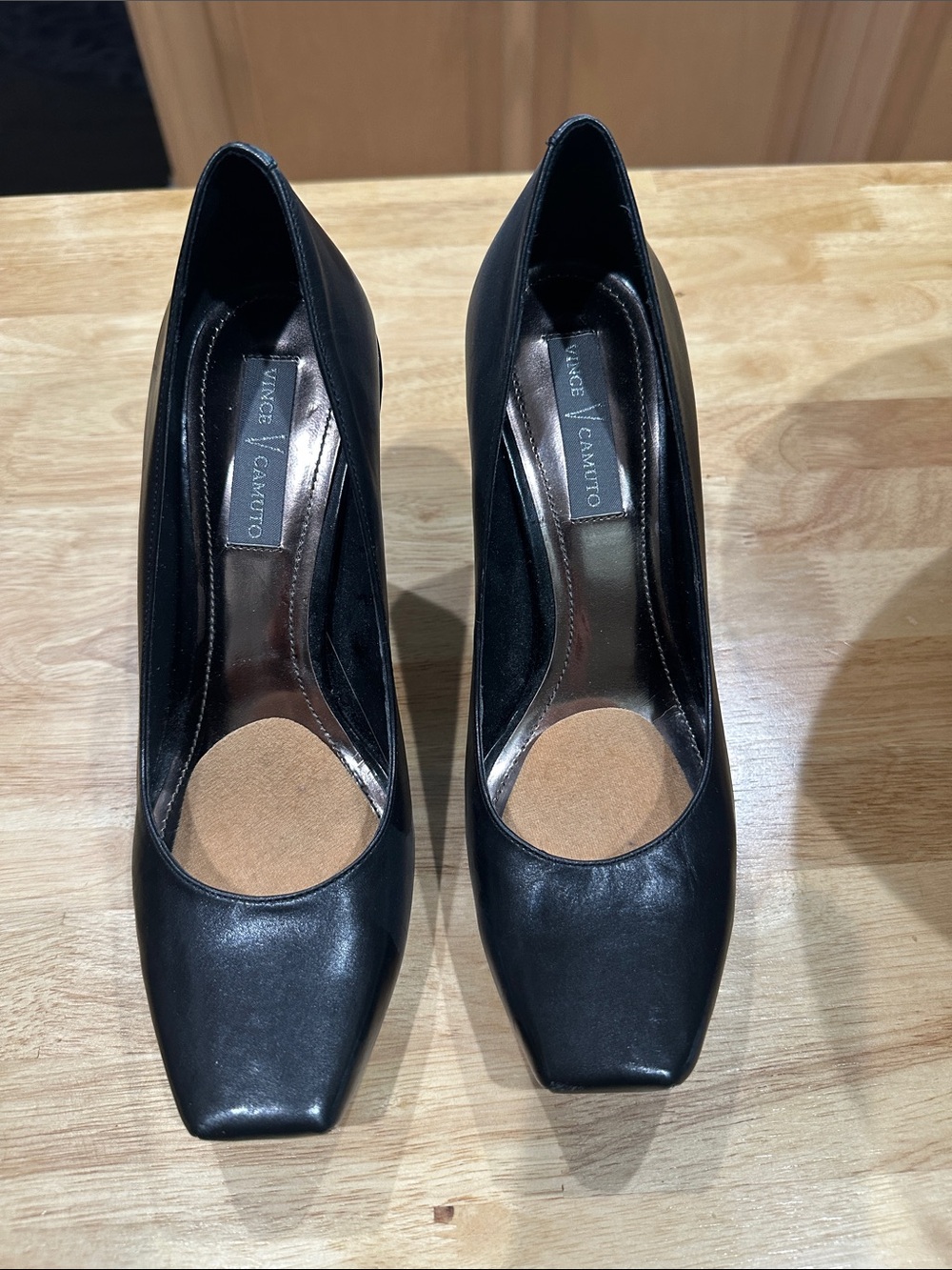 Vince Camuto Black Leather Square-Toe Heels